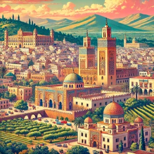 مدينة تلمسان: لؤلؤة المغرب الأوسط وتاريخها العريق 3 A vibrant historical view of Tlemcen Algeria. The image showcases the citys key landmarks such as the Great Mosque with its intricate Islamic arch