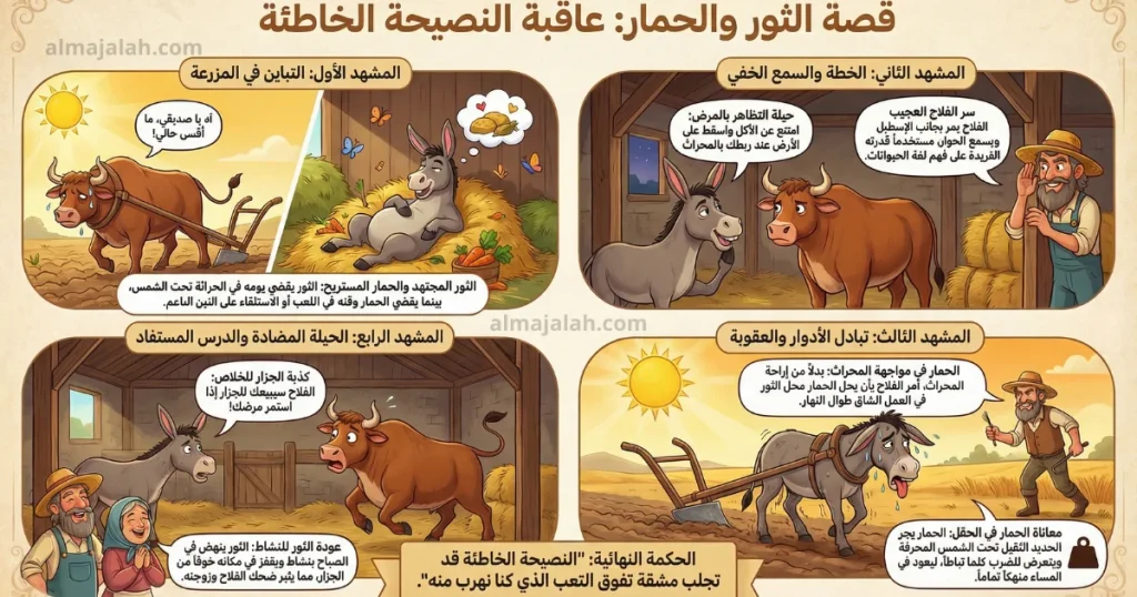 قصة الثور والحمار والفلاح عاقبة النصيحة الخاطئة