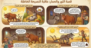 قصة الثور والحمار والفلاح عاقبة النصيحة الخاطئة