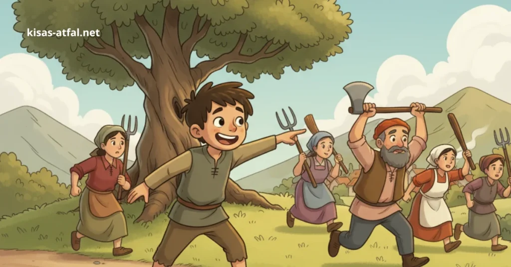 قصة الراعي والذئب: قصص قصيرة للأطفال عن الصدق.
سليم يصرخ كاذبًا والناس يهرعون للمساعدة.