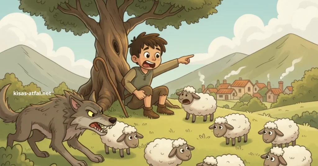 قصة الراعي والذئب: قصص قصيرة للأطفال عن الصدق.
الذئب الحقيقي يهاجم الأغنام، وسليم خائف.