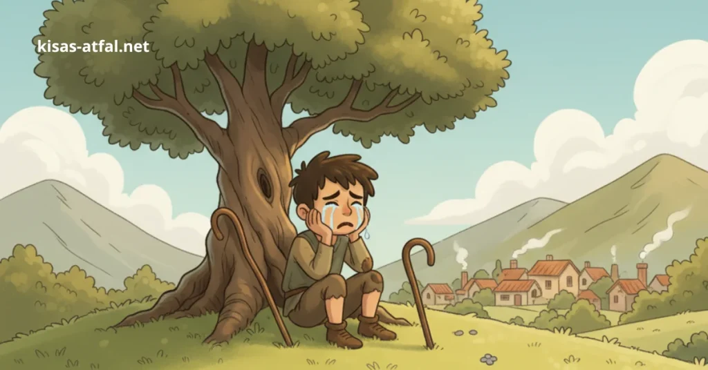 قصة الراعي والذئب: قصص قصيرة للأطفال عن الصدق.
سليم يبكي على أغنامه التي خسرها.